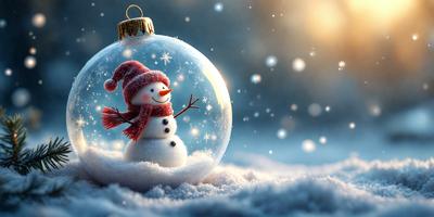 Primary subject: A snowman with a red scarf and a red hat, standing in front of a snow globe.

Setting/background: The snowman is standing in front of a snow globe, which is placed on a snowy surface.

Visual style: The image is a digital artwork featuring a snowman and a snow globe.

Colors and mood: The colors in the image are predominantly white and red, giving the scene a warm and festive atmosphere.
